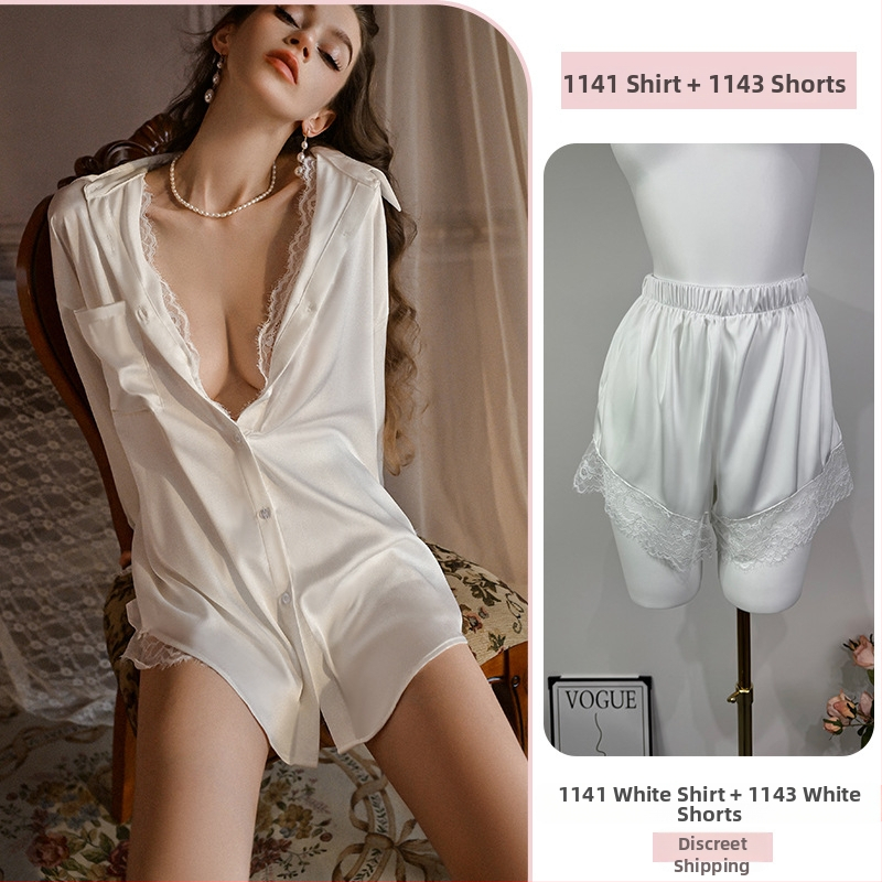 Σετ πιτζάμες με δαντέλα για μεγάλος μέγεθος: πουκάμισο με V-λαιμό και χαλαρή νυχτικιά, πολυεστέρας, κατάλληλο για όλες τις εποχές