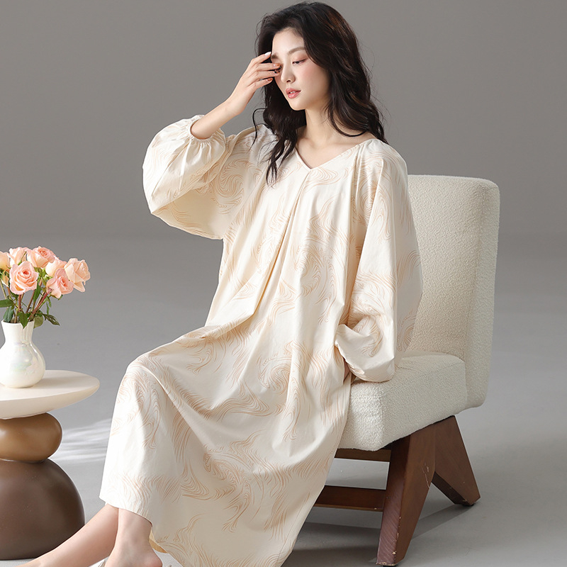 Νυχτερινή ρόμπα από πλεκτό βαμβάκι, μακριά μανίκια, στρογγυλός λαιμός, άνετη εφαρμογή, μακρύ μήκος (βάρος υφάσματος 181–200 g/m²)