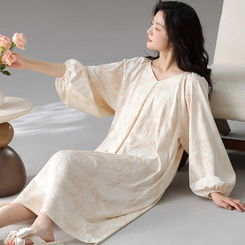 Νυχτερινή ρόμπα από πλεκτό βαμβάκι, μακριά μανίκια, στρογγυλός λαιμός, άνετη εφαρμογή, μακρύ μήκος (βάρος υφάσματος 181–200 g/m²)