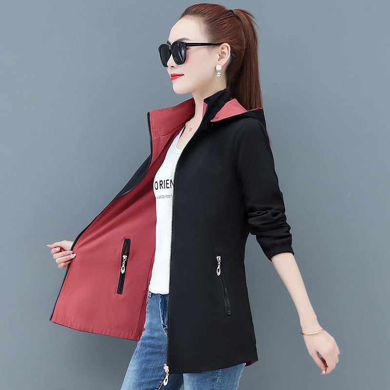 Női reverszibilis széldzseki középméretű, kapucnival, hosszú ujjú, poliester ≥95%, cipzár és csipke részletek