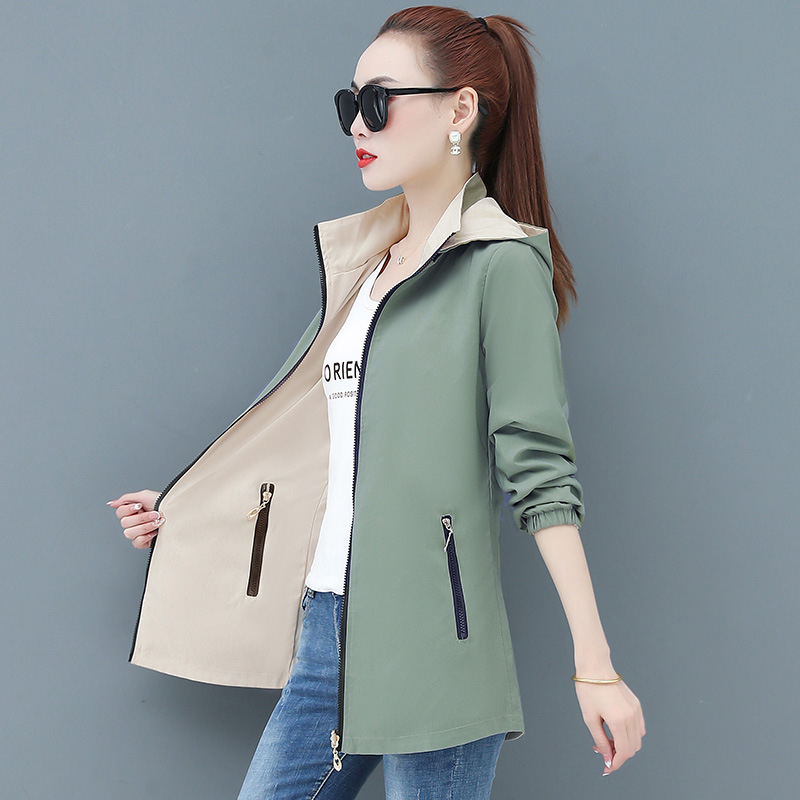 Női reverszibilis széldzseki középméretű, kapucnival, hosszú ujjú, poliester ≥95%, cipzár és csipke részletek