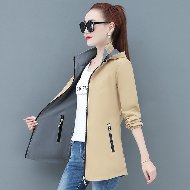 Női reverszibilis széldzseki középméretű, kapucnival, hosszú ujjú, poliester ≥95%, cipzár és csipke részletek