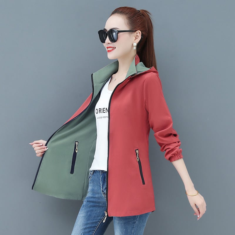 Női reverszibilis széldzseki középméretű, kapucnival, hosszú ujjú, poliester ≥95%, cipzár és csipke részletek