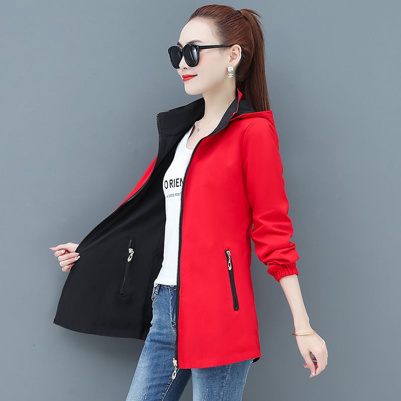 Női reverszibilis széldzseki középméretű, kapucnival, hosszú ujjú, poliester ≥95%, cipzár és csipke részletek