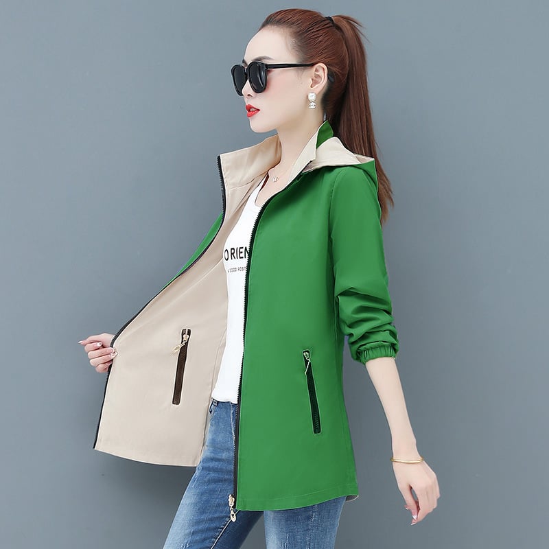 Női reverszibilis széldzseki középméretű, kapucnival, hosszú ujjú, poliester ≥95%, cipzár és csipke részletek