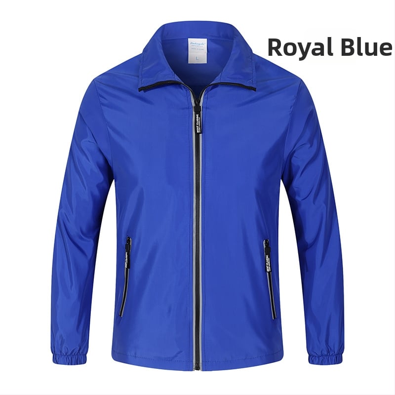 Szélvédő és vízálló kültéri munkaruha dzseki logóval és fényvisszaverő csíkkal, hosszú ujjú, gallér pile-stílusú, Hongkong-stílus, nyár 2022, felnőtt nő