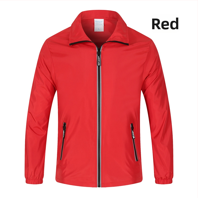 Szélvédő és vízálló kültéri munkaruha dzseki logóval és fényvisszaverő csíkkal, hosszú ujjú, gallér pile-stílusú, Hongkong-stílus, nyár 2022, felnőtt nő