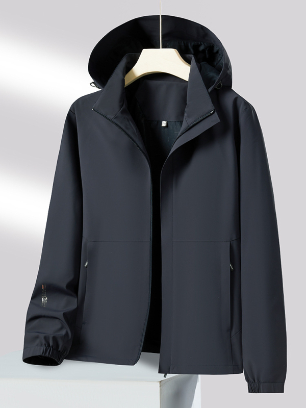 Мъжко спортно ветроустойчиво яке за открити условия - плат 88% найлон, 12% спандекс; качулка, която може да се сваля; ветроустойчиво; дълги ръкави