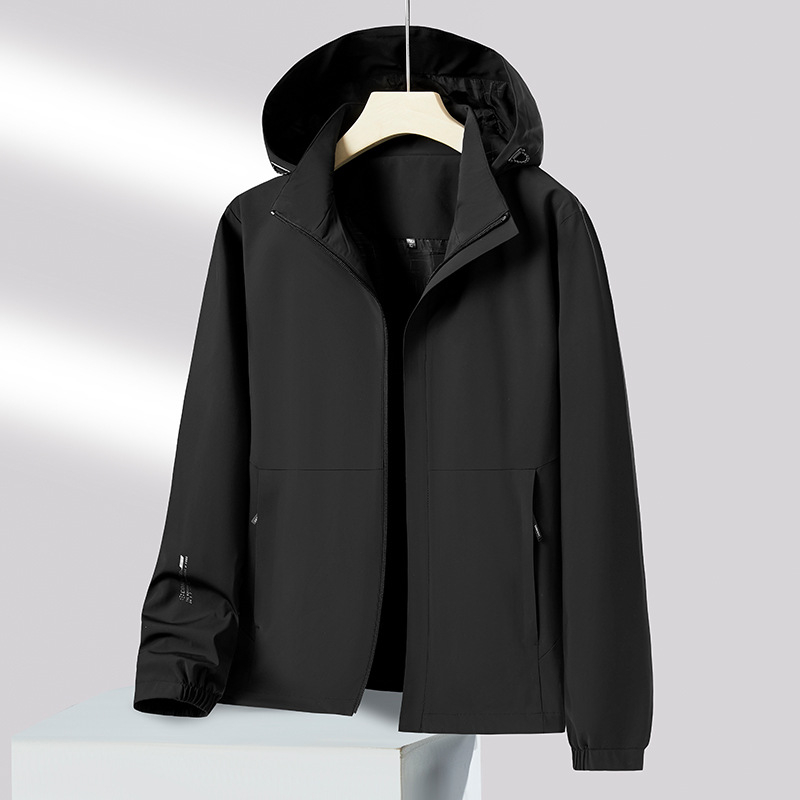 Мъжко спортно ветроустойчиво яке за открити условия - плат 88% найлон, 12% спандекс; качулка, която може да се сваля; ветроустойчиво; дълги ръкави