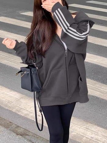 Γυναικείο ζακετάκι-παλτό με κουκούλα, φερμουάρ, τσέπες, χαλαρή γραμμή, μακριά μανίκια, μεσαίας πυκνότητας