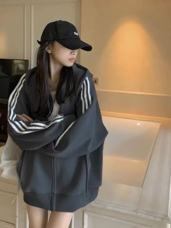 Γυναικείο ζακετάκι-παλτό με κουκούλα, φερμουάρ, τσέπες, χαλαρή γραμμή, μακριά μανίκια, μεσαίας πυκνότητας