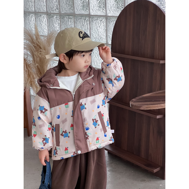 Bērnu Patchwork ziemas jaka, unisex, karikatūras raksts, rāvējslēdzējs, bieza poliestera audums