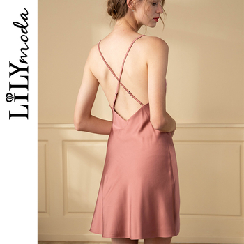 Ženska noćna haljina za proljeće-ljeto, sexy tanki bez rukava s V‑dekolteom, umjetna svila, kućni odjevni predmet (Materijal: Umjetna svila; Glavni sadržaj: 95–100% Poliester; Vrat: V-dekolte; Duljina suknje: Midi; Stil: Napredan)