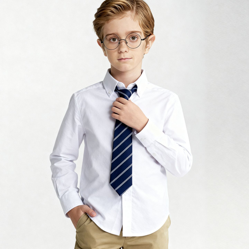 Bērnu oksforda kokvilnas krekliņš, garas piedurknes, smailā apkakle, 100% kokvilna, ikdienas akadēmiskais stils
