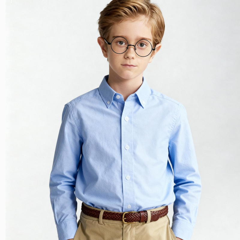 Bērnu oksforda kokvilnas krekliņš, garas piedurknes, smailā apkakle, 100% kokvilna, ikdienas akadēmiskais stils