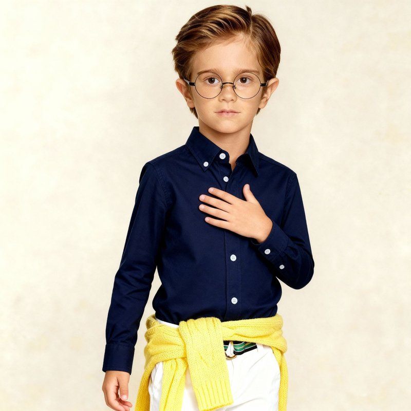 Bērnu oksforda kokvilnas krekliņš, garas piedurknes, smailā apkakle, 100% kokvilna, ikdienas akadēmiskais stils