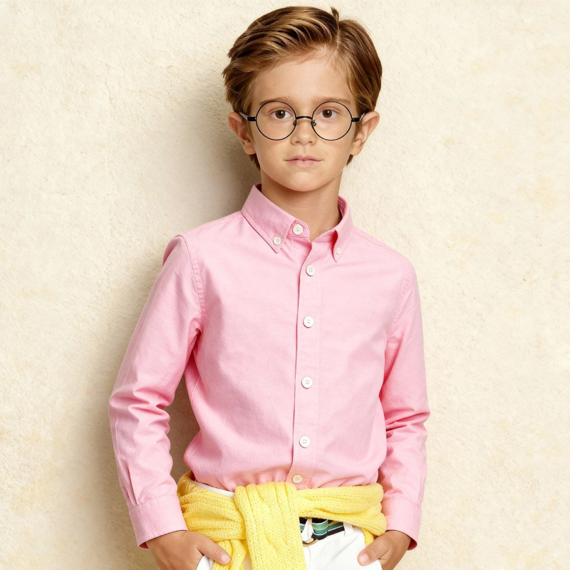 Bērnu oksforda kokvilnas krekliņš, garas piedurknes, smailā apkakle, 100% kokvilna, ikdienas akadēmiskais stils