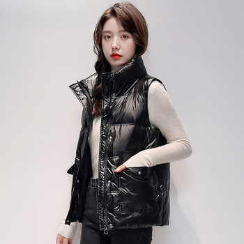 Женски къс пухен жилет, свободна кройка, стойка яка, ултра къса дължина, пълнител: бял пух от патица, Chenille плат с еластан