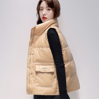 Женски къс пухен жилет, свободна кройка, стойка яка, ултра къса дължина, пълнител: бял пух от патица, Chenille плат с еластан