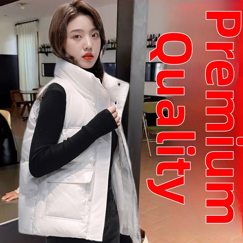 Женски къс пухен жилет, свободна кройка, стойка яка, ултра къса дължина, пълнител: бял пух от патица, Chenille плат с еластан