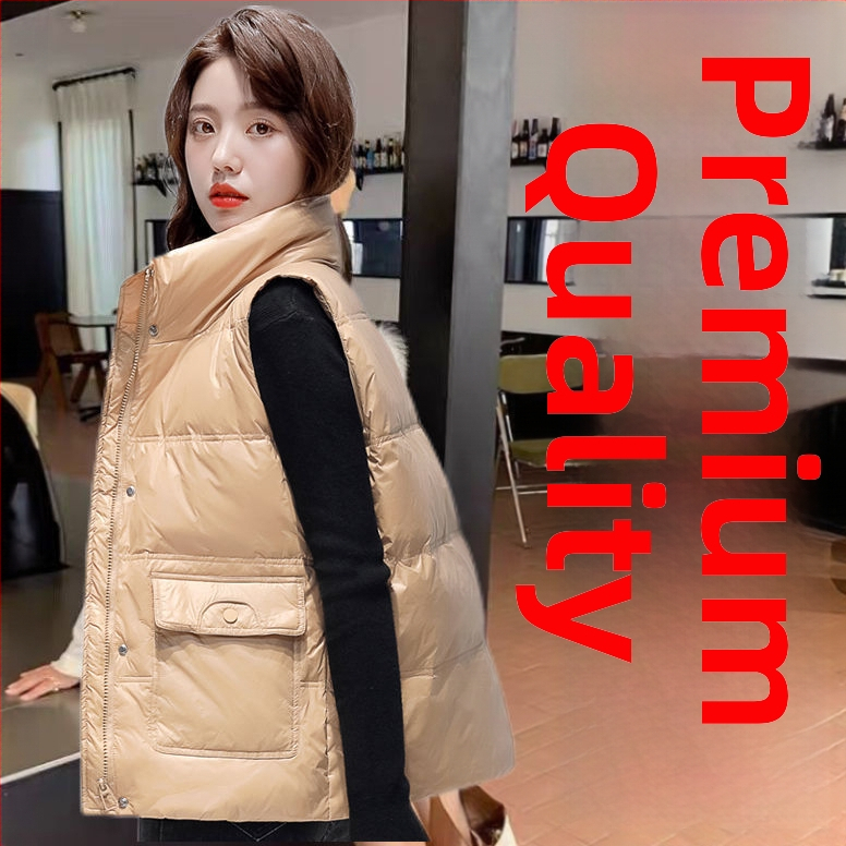 Женски къс пухен жилет, свободна кройка, стойка яка, ултра къса дължина, пълнител: бял пух от патица, Chenille плат с еластан