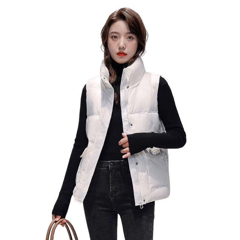 Женски къс пухен жилет, свободна кройка, стойка яка, ултра къса дължина, пълнител: бял пух от патица, Chenille плат с еластан