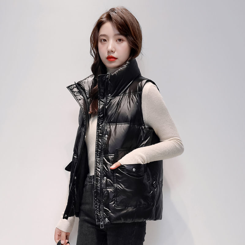 Женски къс пухен жилет, свободна кройка, стойка яка, ултра къса дължина, пълнител: бял пух от патица, Chenille плат с еластан