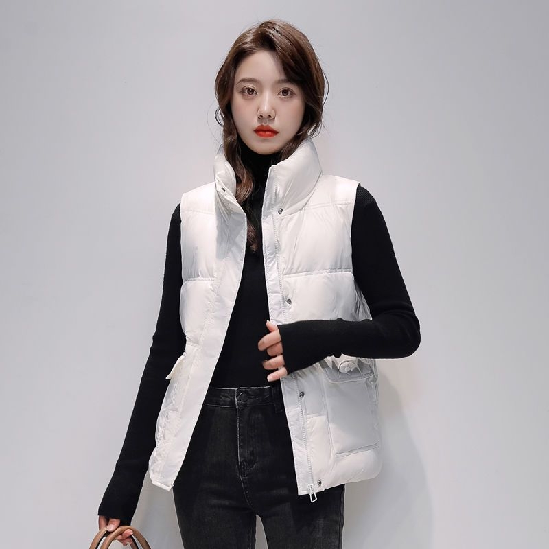 Женски къс пухен жилет, свободна кройка, стойка яка, ултра къса дължина, пълнител: бял пух от патица, Chenille плат с еластан