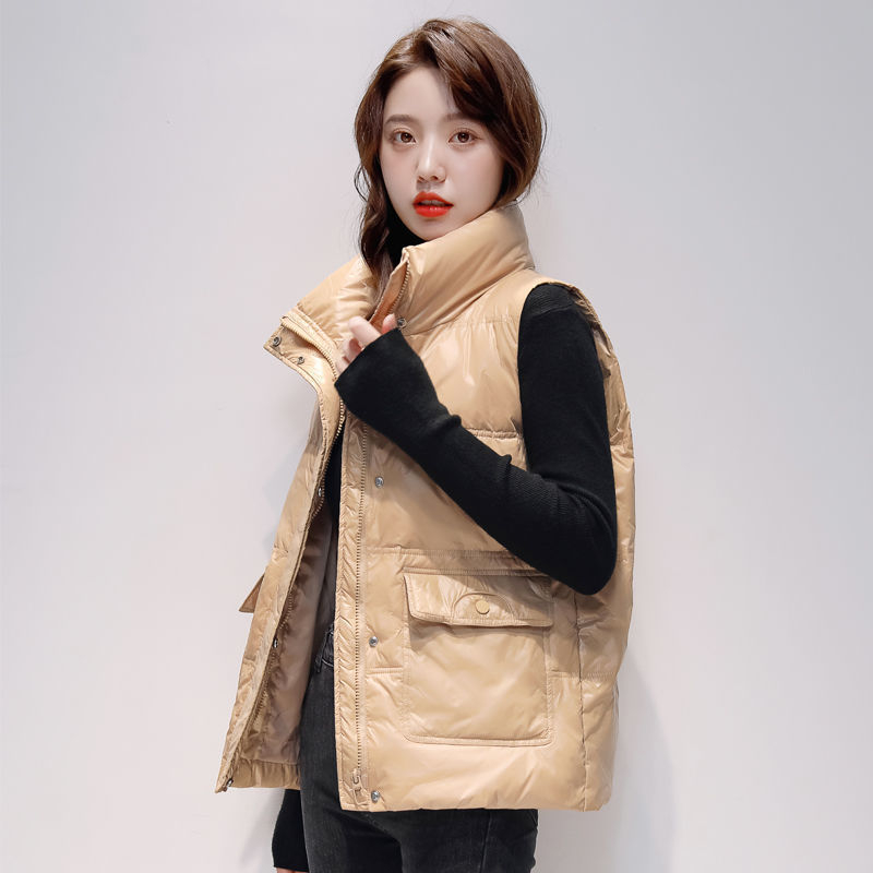 Женски къс пухен жилет, свободна кройка, стойка яка, ултра къса дължина, пълнител: бял пух от патица, Chenille плат с еластан