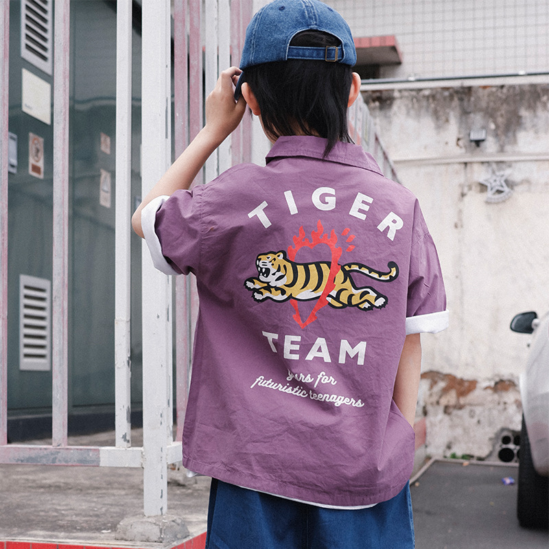 Bērnu krekliņš ar karikatūras tīģeri, īsās piedurknes, apaļā kakla izgriezums, kokvilna, vasara 2025