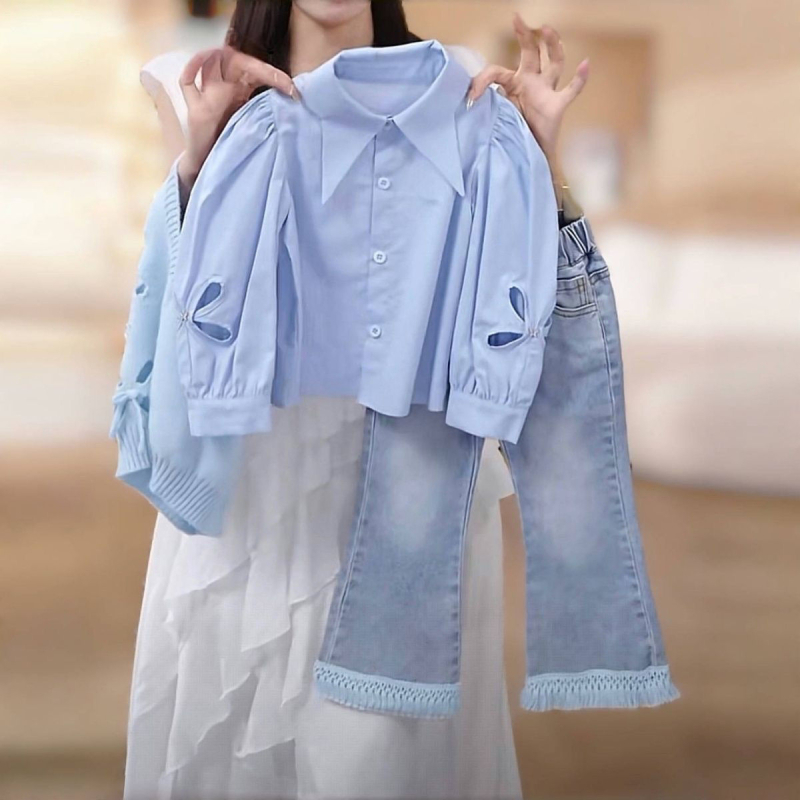 Meiteņu trīsdaļīgs rudens komplekts ar corduroy audumu un 50-70% trušu kažokādas, mīkstai apdarei, garas piedurknes, bez kapuces, zīdaiņiem 0-1 gadi