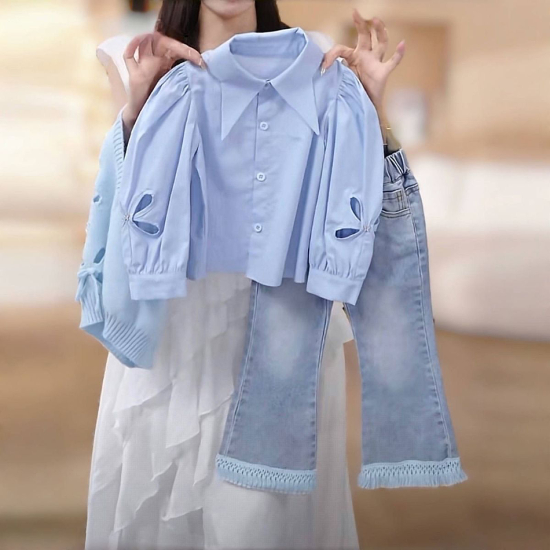 Meiteņu trīsdaļīgs rudens komplekts ar corduroy audumu un 50-70% trušu kažokādas, mīkstai apdarei, garas piedurknes, bez kapuces, zīdaiņiem 0-1 gadi