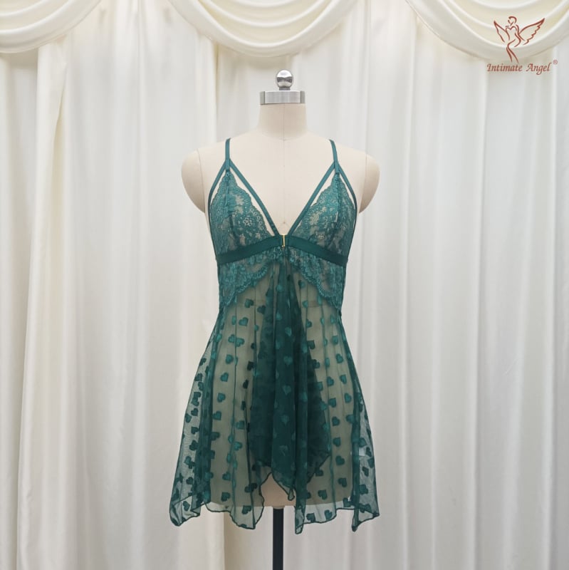 Δαντελένιο νυχτικό χωρίς τιράντες, με σχέδιο καρδιά από mesh, χωρίς μανίκια, V-λαιμό, λεπτό ύφασμα, ναϊλον μίξη