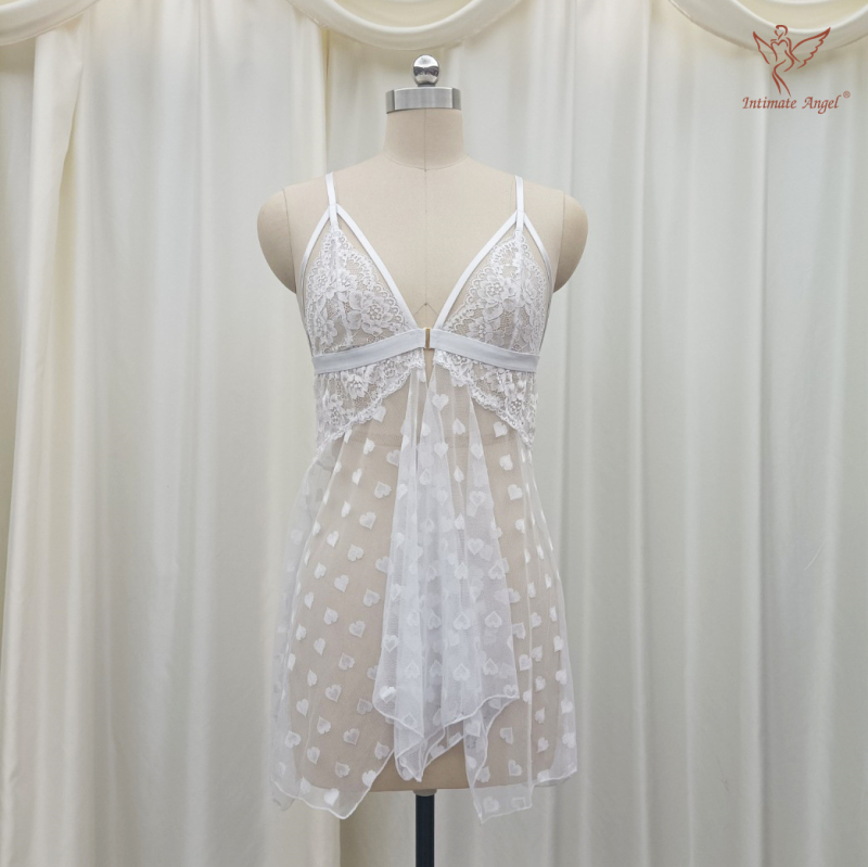 Δαντελένιο νυχτικό χωρίς τιράντες, με σχέδιο καρδιά από mesh, χωρίς μανίκια, V-λαιμό, λεπτό ύφασμα, ναϊλον μίξη