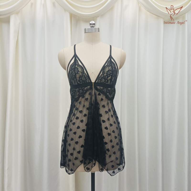 Δαντελένιο νυχτικό χωρίς τιράντες, με σχέδιο καρδιά από mesh, χωρίς μανίκια, V-λαιμό, λεπτό ύφασμα, ναϊλον μίξη