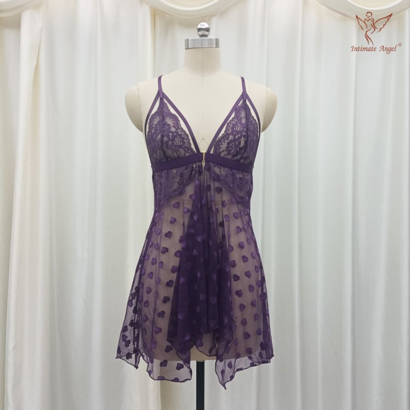 Δαντελένιο νυχτικό χωρίς τιράντες, με σχέδιο καρδιά από mesh, χωρίς μανίκια, V-λαιμό, λεπτό ύφασμα, ναϊλον μίξη