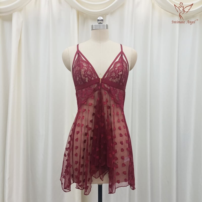 Δαντελένιο νυχτικό χωρίς τιράντες, με σχέδιο καρδιά από mesh, χωρίς μανίκια, V-λαιμό, λεπτό ύφασμα, ναϊλον μίξη