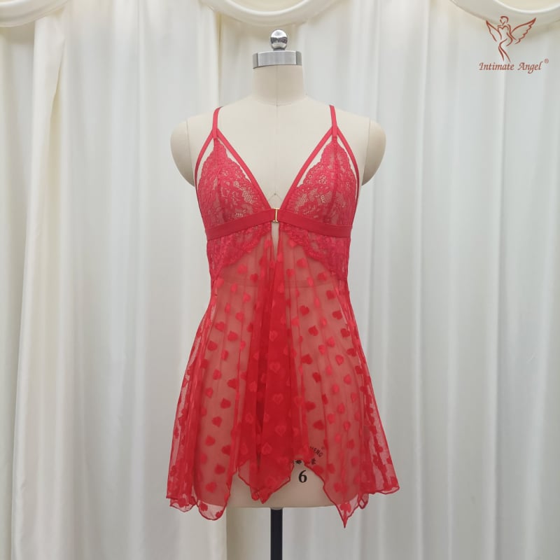 Δαντελένιο νυχτικό χωρίς τιράντες, με σχέδιο καρδιά από mesh, χωρίς μανίκια, V-λαιμό, λεπτό ύφασμα, ναϊλον μίξη