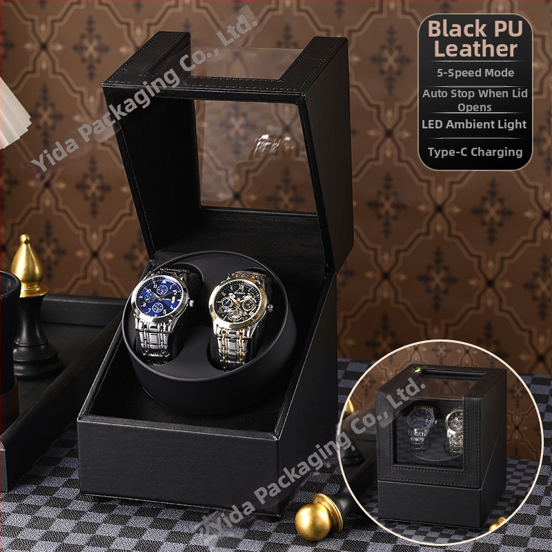 Уиндър за часовници с две позиции — автоматичен, електрически тих, ръчно изработен, PU кожа + MDF, марка Yida