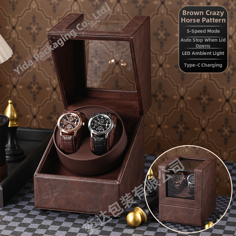 Уиндър за часовници с две позиции — автоматичен, електрически тих, ръчно изработен, PU кожа + MDF, марка Yida