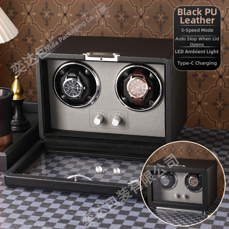 Уиндър за часовници с две позиции — автоматичен, електрически тих, ръчно изработен, PU кожа + MDF, марка Yida