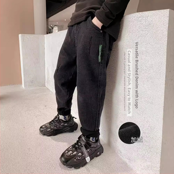 Bērnu džinsi ar fleece iekšpusi, korejiešu stilā, brīvā piegriezuma, 75% kokvilna, ziemas kolekcija 2024