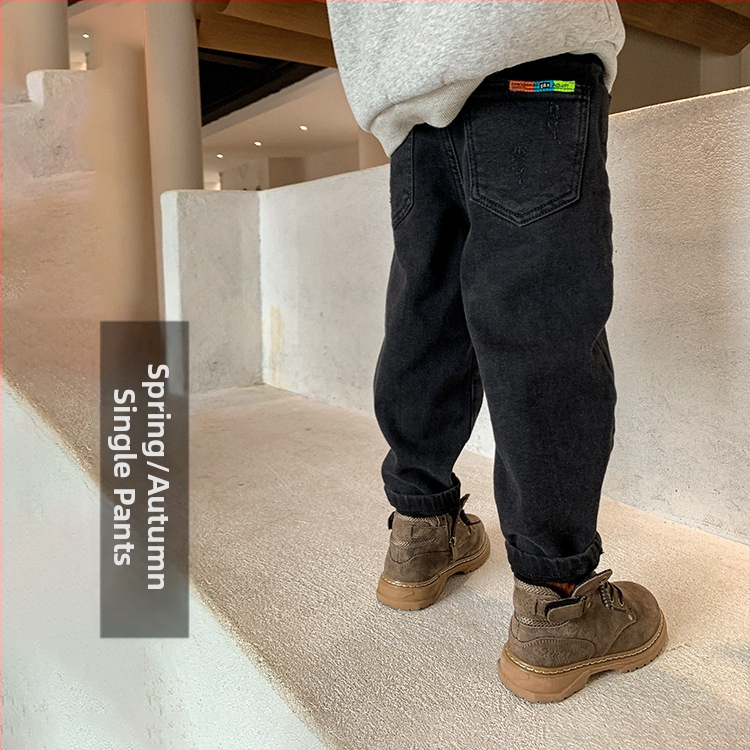 Bērnu džinsi ar fleece iekšpusi, korejiešu stilā, brīvā piegriezuma, 75% kokvilna, ziemas kolekcija 2024