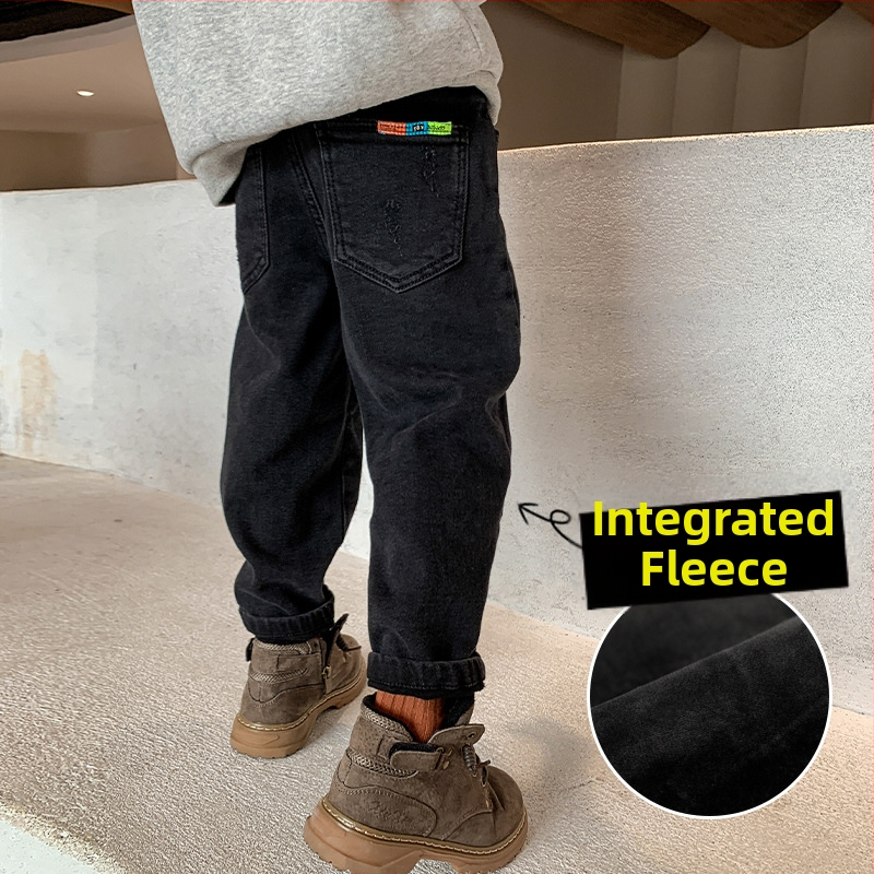 Bērnu džinsi ar fleece iekšpusi, korejiešu stilā, brīvā piegriezuma, 75% kokvilna, ziemas kolekcija 2024