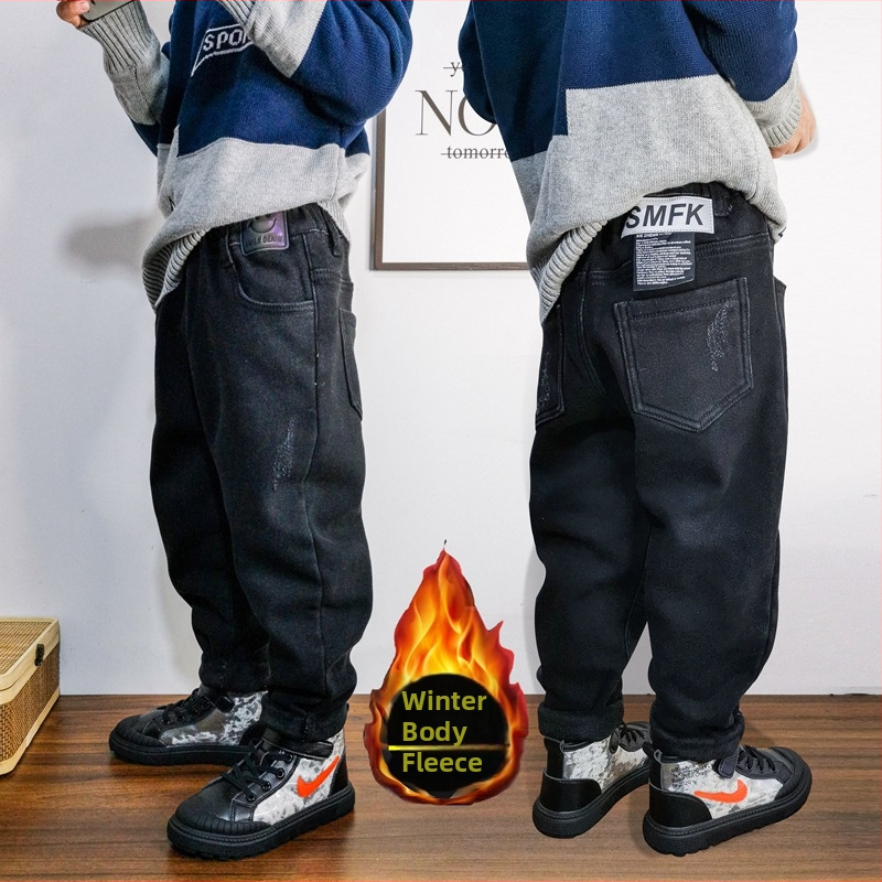 Bērnu džinsi ar fleece iekšpusi, korejiešu stilā, brīvā piegriezuma, 75% kokvilna, ziemas kolekcija 2024