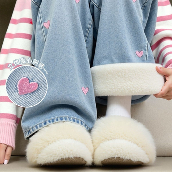 Mergaitėms džinsinės plačios kelnės, su fliso pamušalu, elastinis juosmuo, tankus audinys, skirtos 1-3 metų vaikams