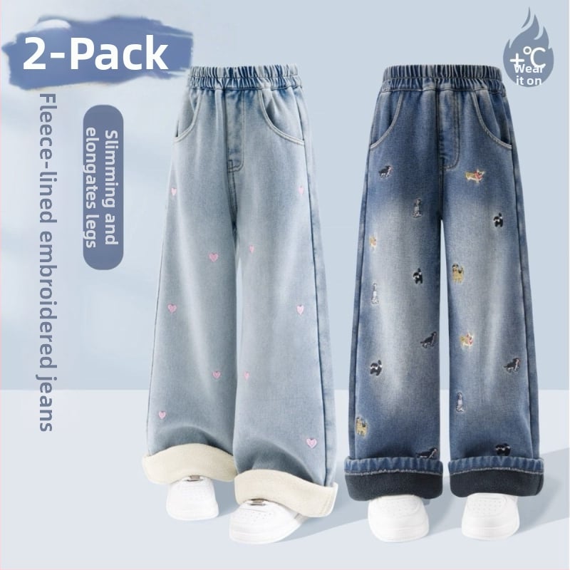 Mergaitėms džinsinės plačios kelnės, su fliso pamušalu, elastinis juosmuo, tankus audinys, skirtos 1-3 metų vaikams