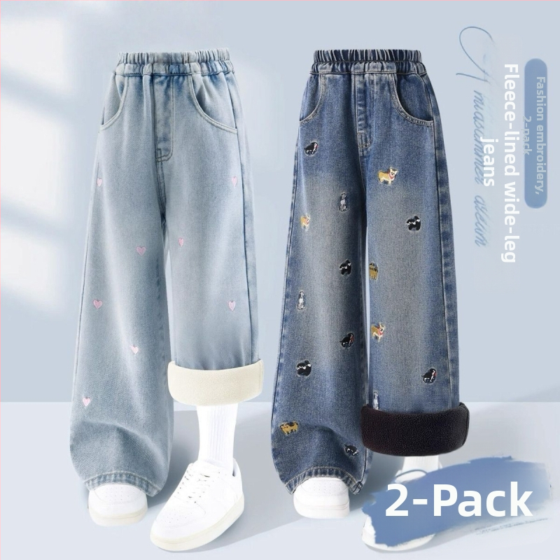 Dievčenské džínsové nohavice so širokými nohami a flísovou podšívkou, elastický pás, hrubý materiál, pre deti 1-3 roky