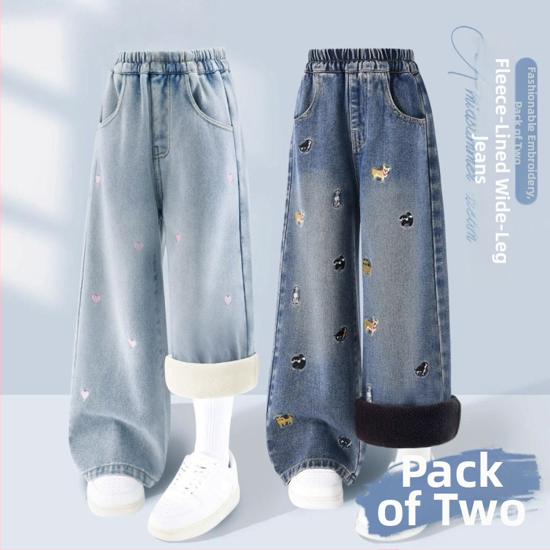 Mergaitėms džinsinės plačios kelnės, su fliso pamušalu, elastinis juosmuo, tankus audinys, skirtos 1-3 metų vaikams