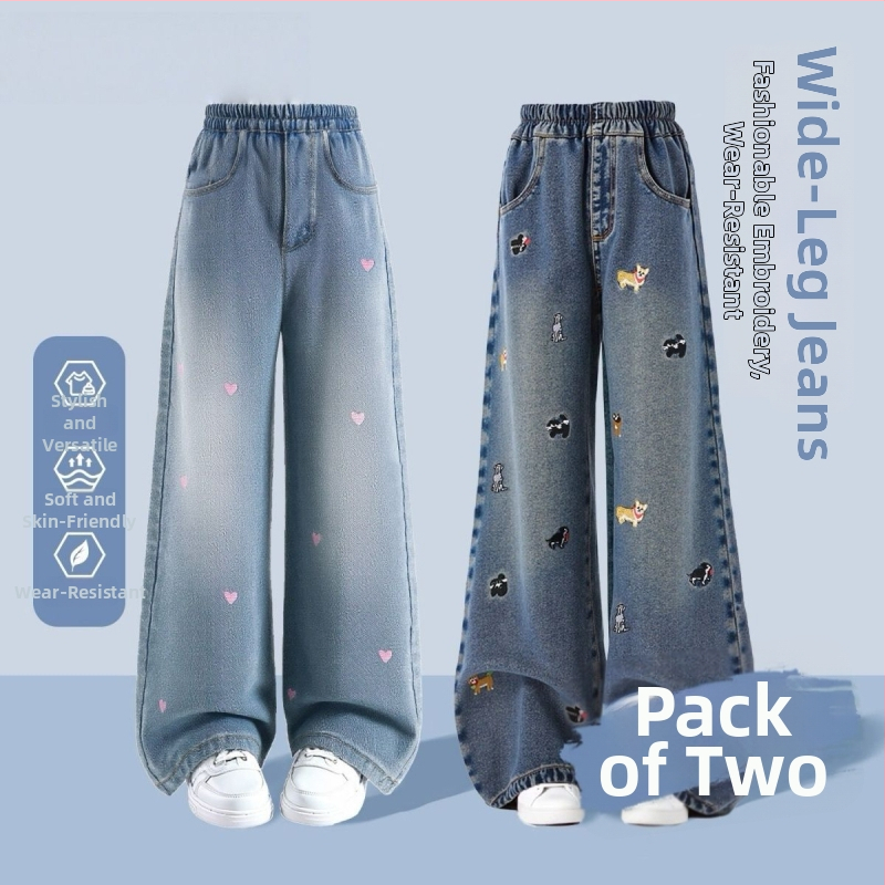 Mergaitėms džinsinės plačios kelnės, su fliso pamušalu, elastinis juosmuo, tankus audinys, skirtos 1-3 metų vaikams